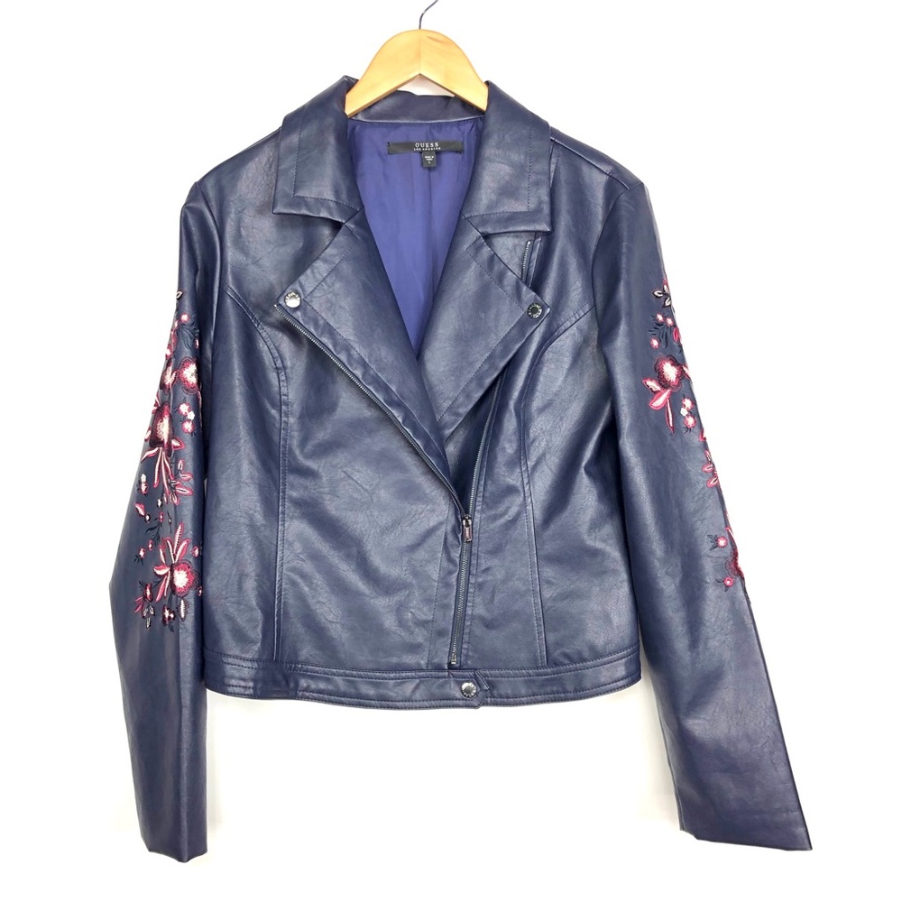 Guess Blue Leather Jacket with Floral Embroidery